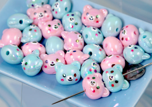 Cute Bear Beads - 20mm AB Pink and Blue Bears Resin or Acrylic Beads (8 pieces)