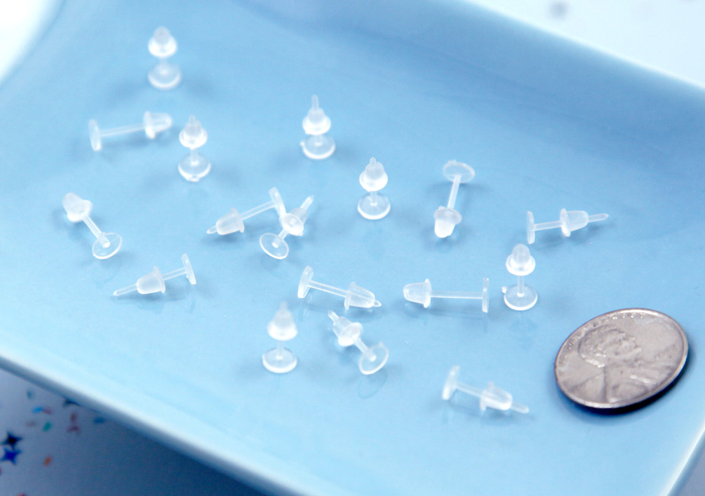 Blank Earrings - 200 pieces - 14mm Clear Plastic Earring Posts - Allergy Free - with 5mm Glue Pads