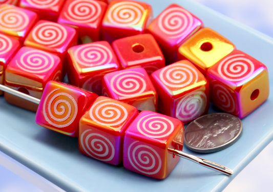 Spiral Beads - 8 pieces - 17mm Red Cube Shape Swirl Pattern Acrylic or Resin Beads