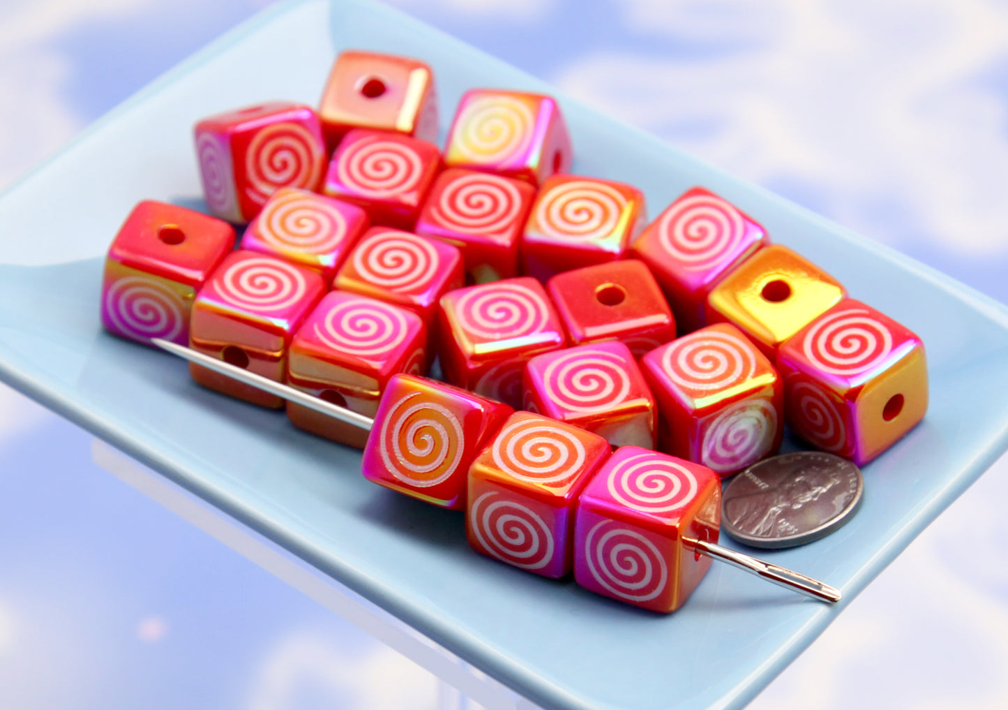 Spiral Beads - 8 pieces - 17mm Red Cube Shape Swirl Pattern Acrylic or Resin Beads