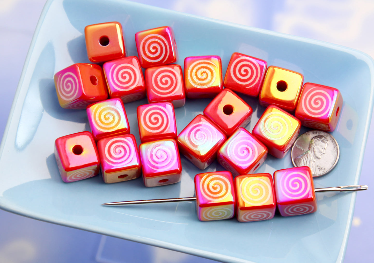 Spiral Beads - 8 pieces - 17mm Red Cube Shape Swirl Pattern Acrylic or Resin Beads
