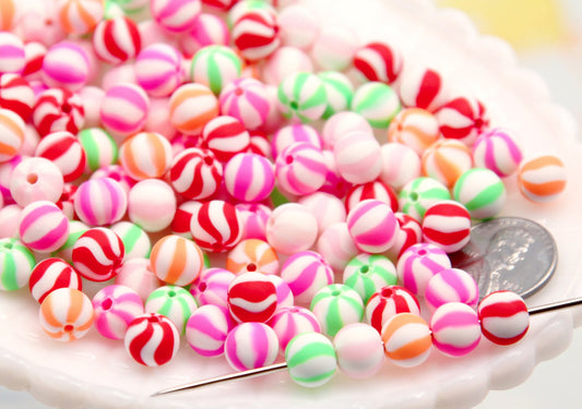 Candy Stripe Beads - 9mm Small Round Peppermint Striped Beads - Little Fimo Polymer Clay Mint Candy Shape Beads (75 pieces)