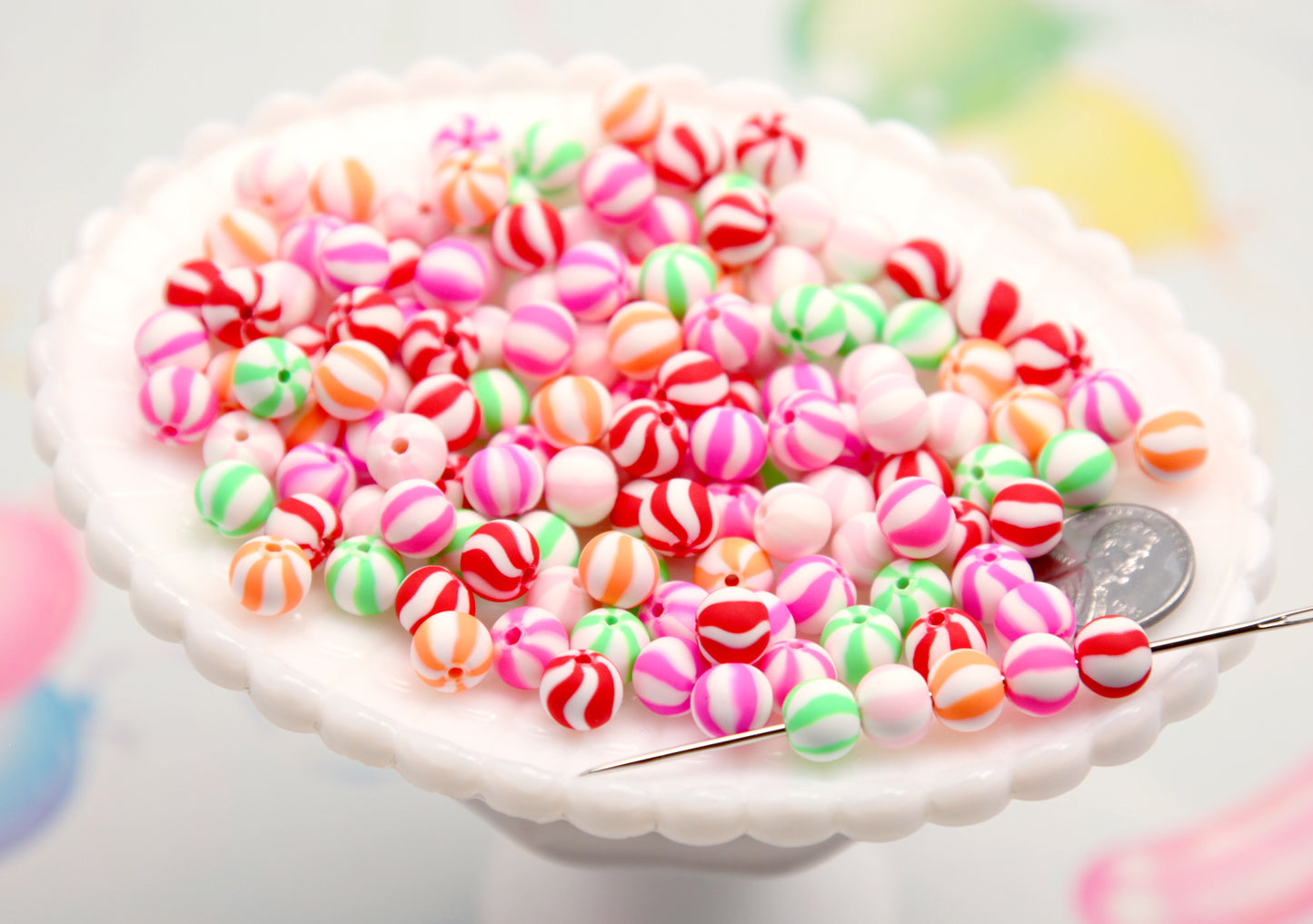Candy Stripe Beads - 9mm Small Round Peppermint Striped Beads - Little Fimo Polymer Clay Mint Candy Shape Beads (75 pieces)