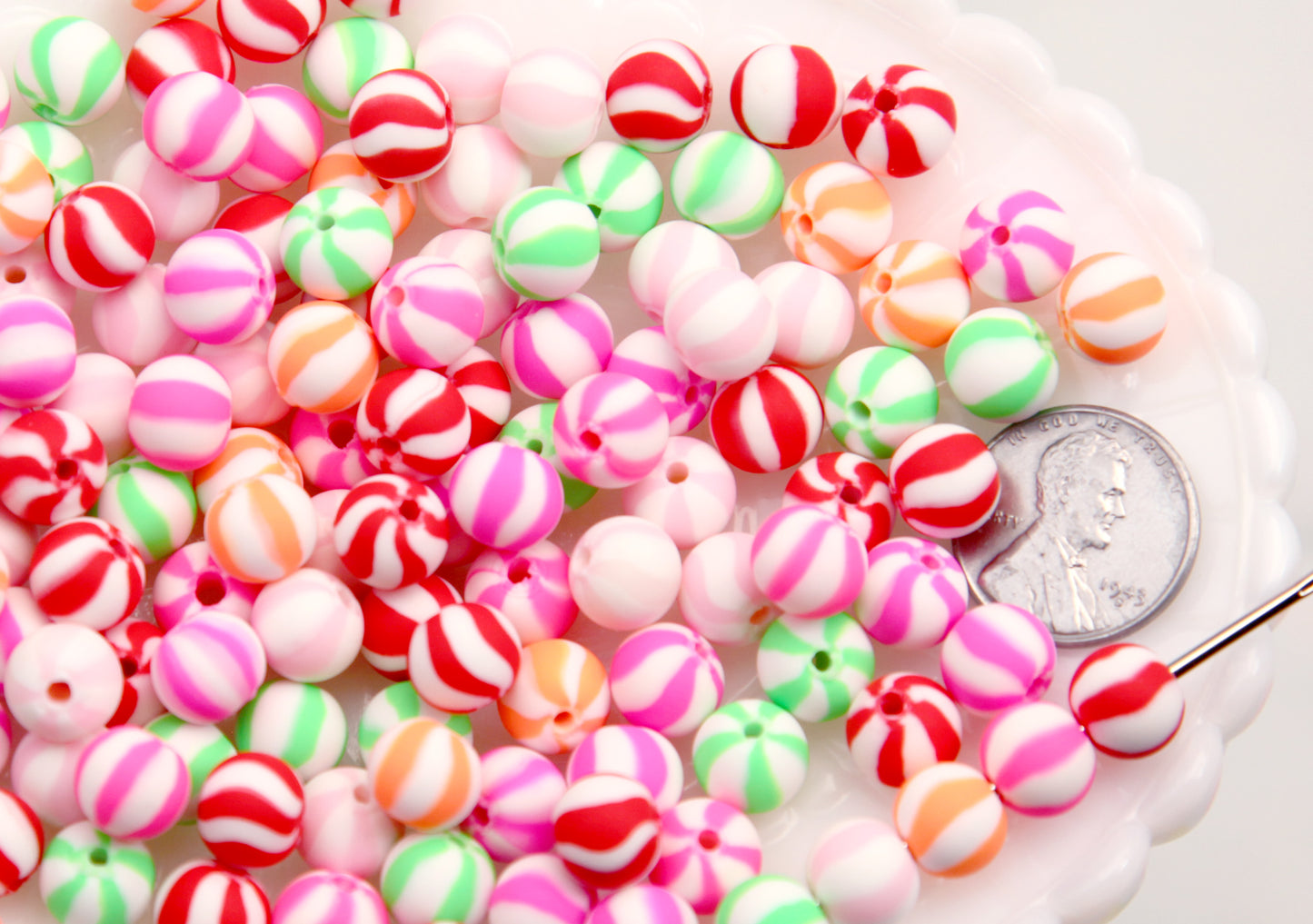 Candy Stripe Beads - 9mm Small Round Peppermint Striped Beads - Little Fimo Polymer Clay Mint Candy Shape Beads (75 pieces)