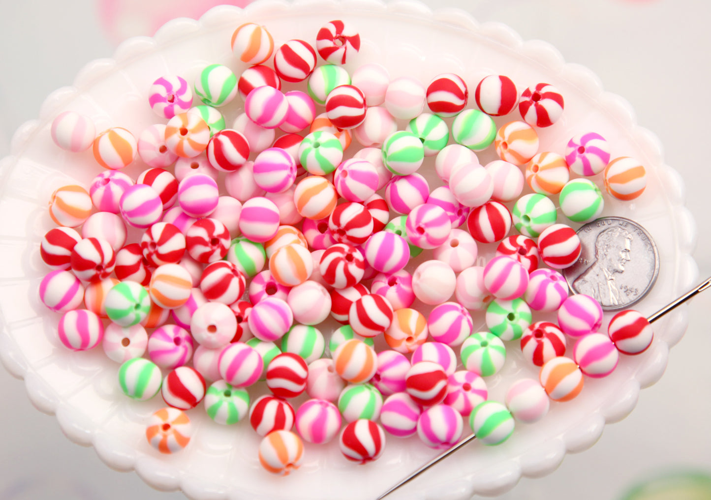 Candy Stripe Beads - 9mm Small Round Peppermint Striped Beads - Little Fimo Polymer Clay Mint Candy Shape Beads (75 pieces)
