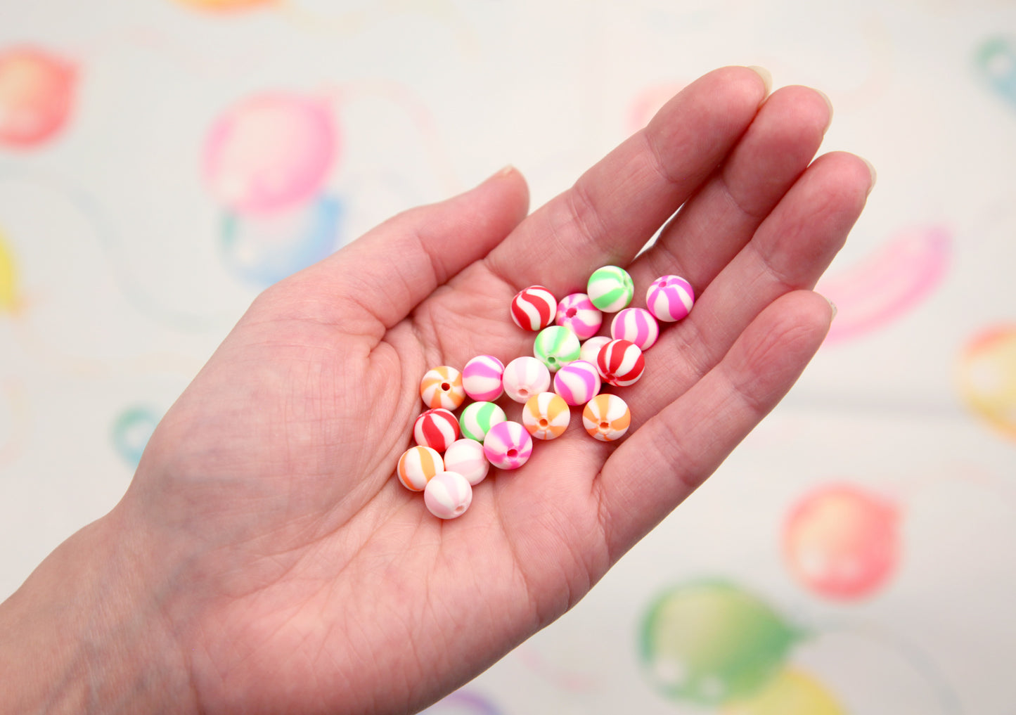 Candy Stripe Beads - 9mm Small Round Peppermint Striped Beads - Little Fimo Polymer Clay Mint Candy Shape Beads (75 pieces)