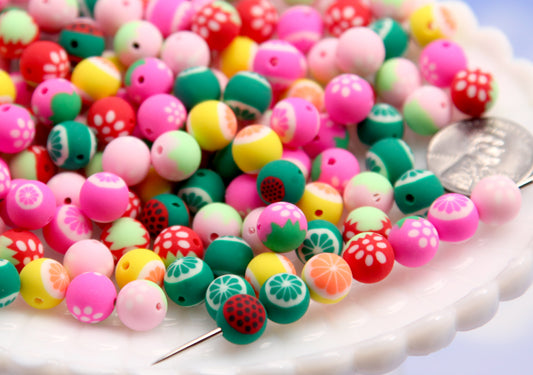Round Fimo Fruit Beads - 70 pieces - 10mm Adorable Fruit Colorful Fimo or Polymer Clay Beads