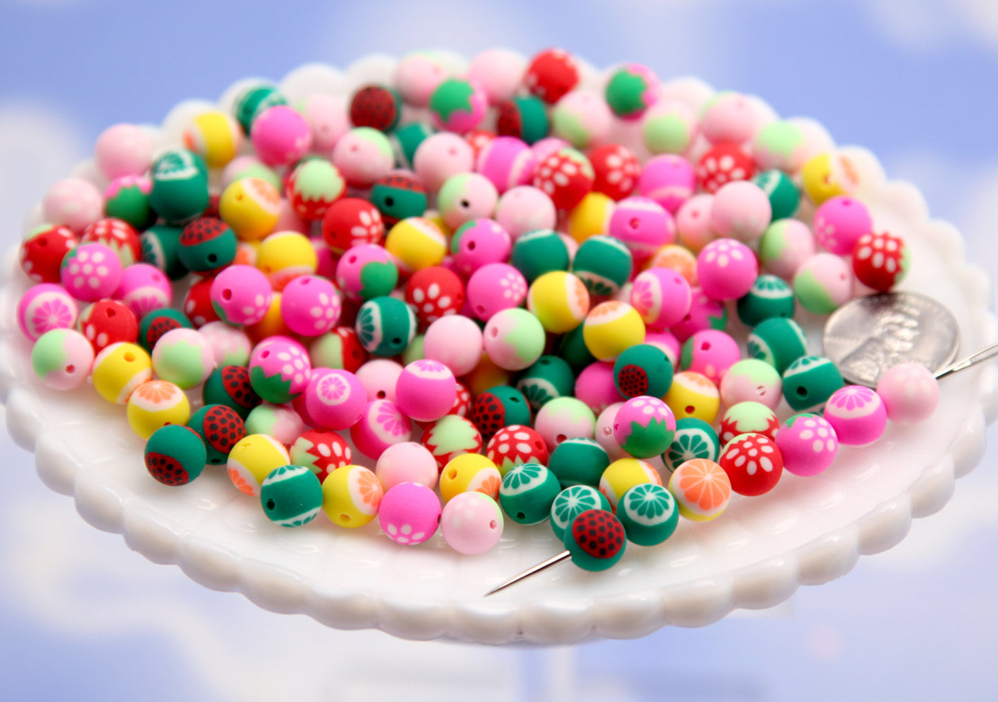 Round Fimo Fruit Beads - 70 pieces - 10mm Adorable Fruit Colorful Fimo or Polymer Clay Beads