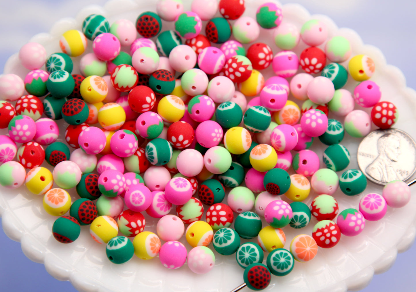 Round Fimo Fruit Beads - 70 pieces - 10mm Adorable Fruit Colorful Fimo or Polymer Clay Beads