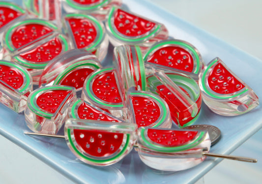 Watermelon Beads - 25mm Cute Classic Enameled Round Watermelon Slice Bead - Transparent Acrylic or Resin Beads (10 pieces)