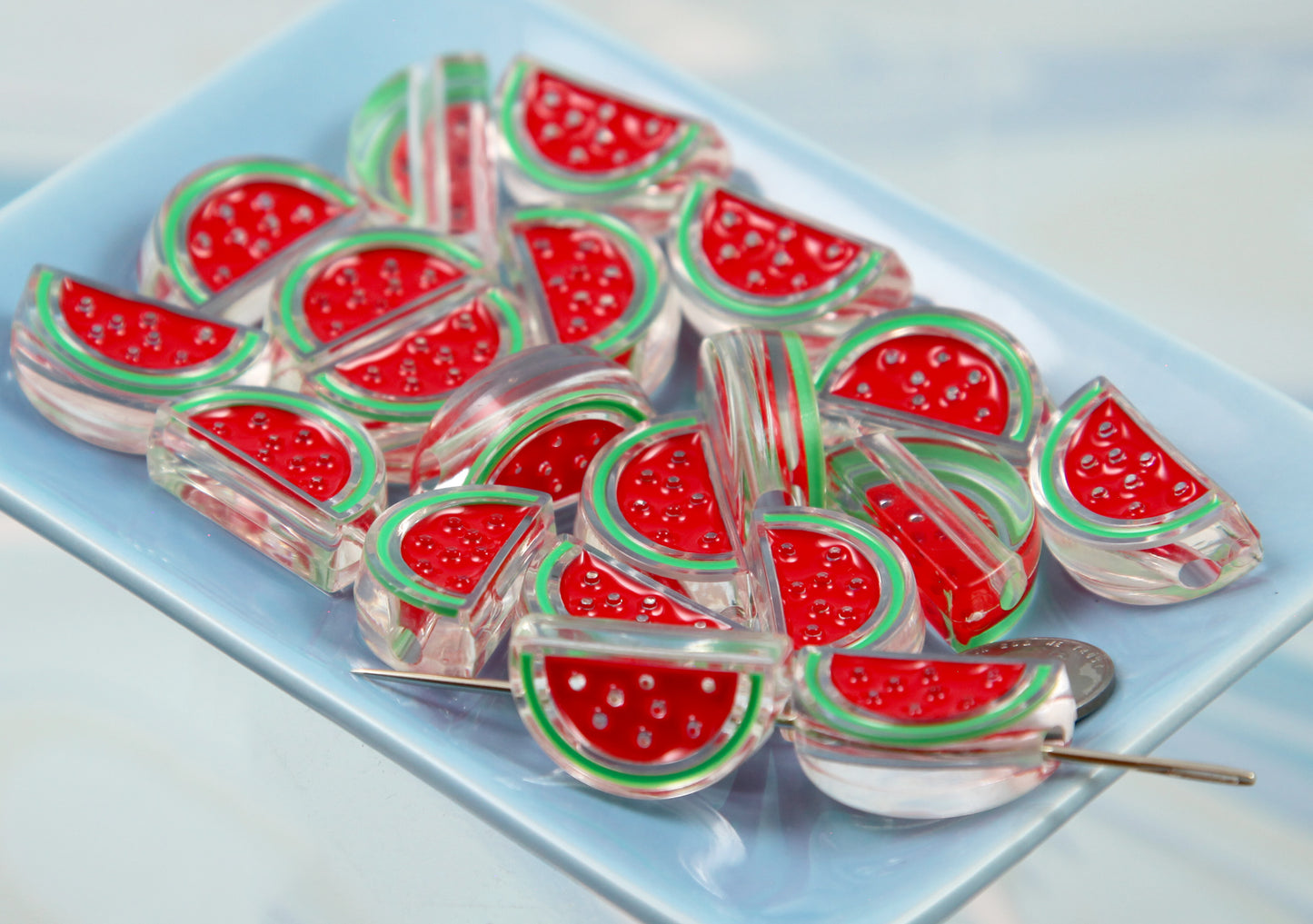 Watermelon Beads - 25mm Cute Classic Enameled Round Watermelon Slice Bead - Transparent Acrylic or Resin Beads (10 pieces)