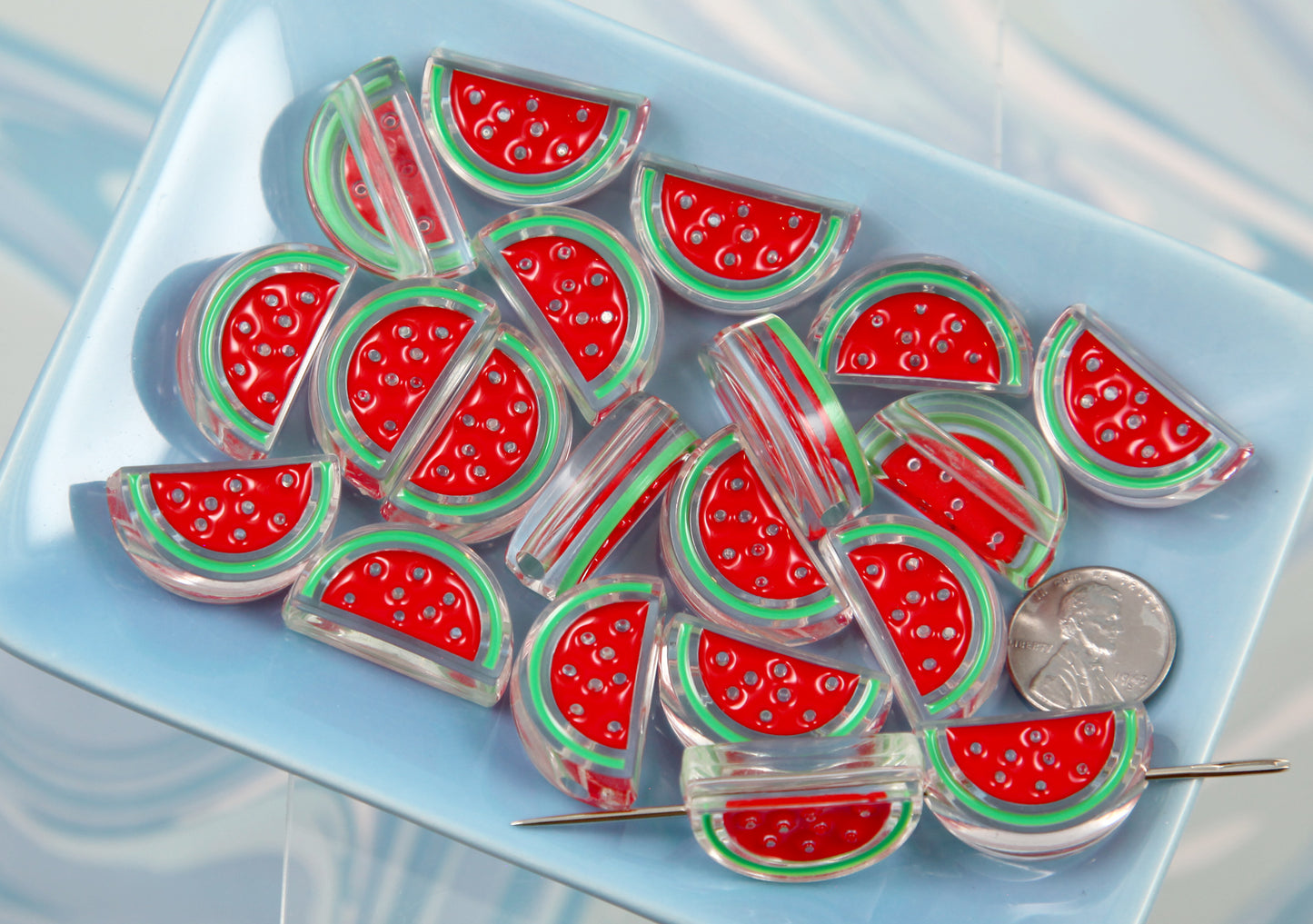 Watermelon Beads - 25mm Cute Classic Enameled Round Watermelon Slice Bead - Transparent Acrylic or Resin Beads (10 pieces)