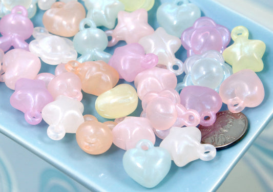 Pastel Shimmer Charms - 40 pieces - Glow in the Dark! - 15mm Cute 3D Shapes Acrylic or Resin Charms - Cute Plastic Charms