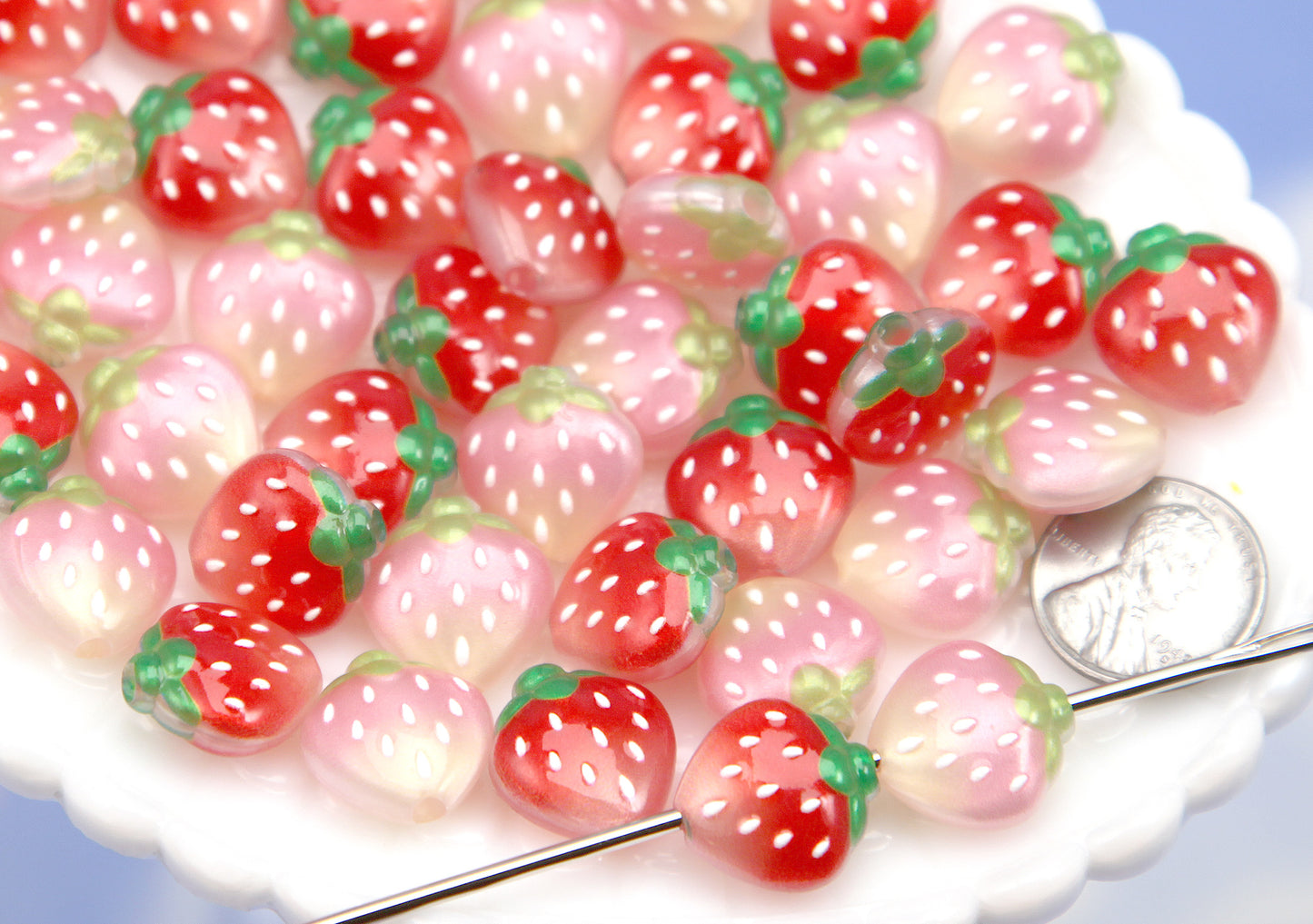 Strawberry Beads (10 pcs) 20mm Shimmery Pink and Red Strawberries Acrylic or Resin Beads