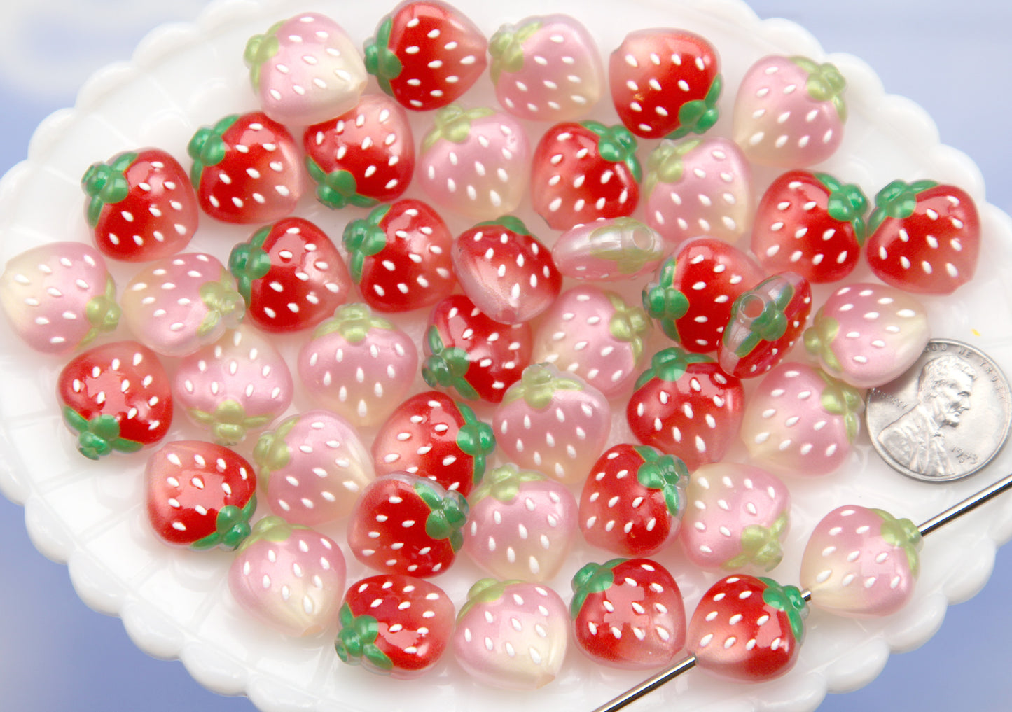 Strawberry Beads (10 pcs) 20mm Shimmery Pink and Red Strawberries Acrylic or Resin Beads