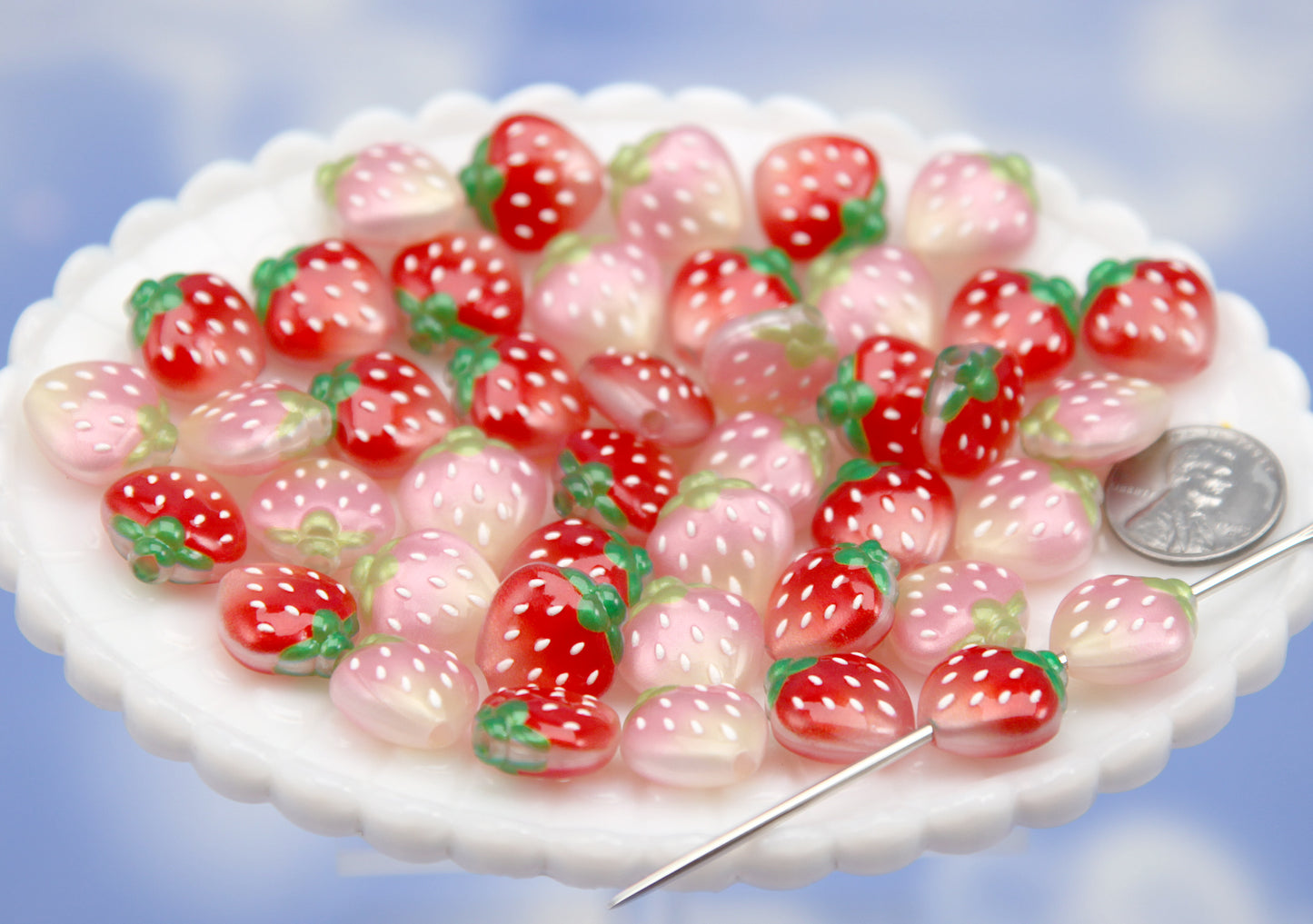 Strawberry Beads (10 pcs) 20mm Shimmery Pink and Red Strawberries Acrylic or Resin Beads