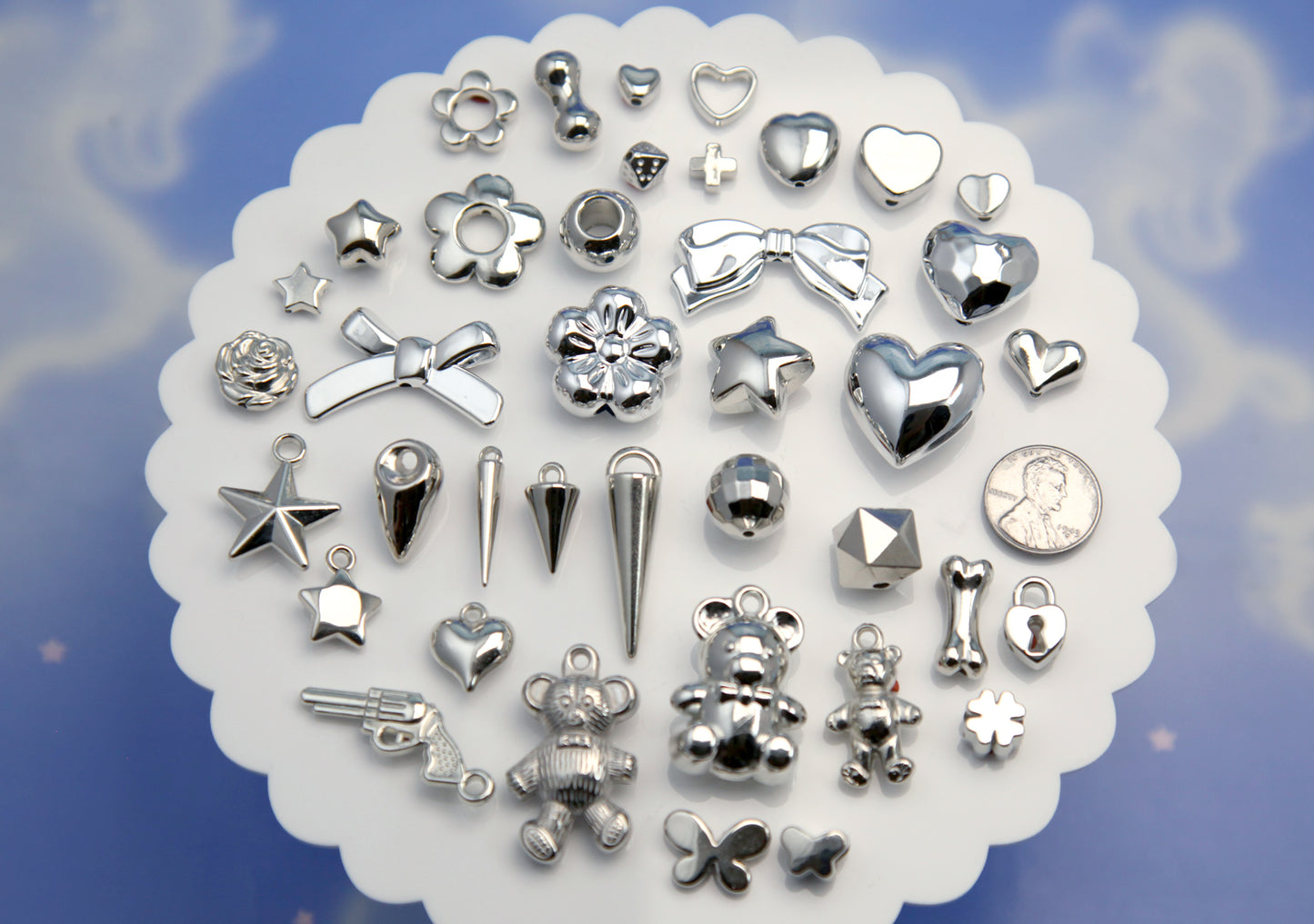 Metallic Silver Beads Grab Bag - Electroplated Plastic - Mixed Lot - great for kandi, ispy, sensory crafts, jewelry making - 200+ pcs