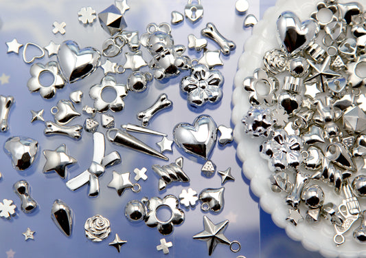 Metallic Silver Beads Grab Bag - Electroplated Plastic - Mixed Lot - great for kandi, ispy, sensory crafts, jewelry making - 200+ pcs
