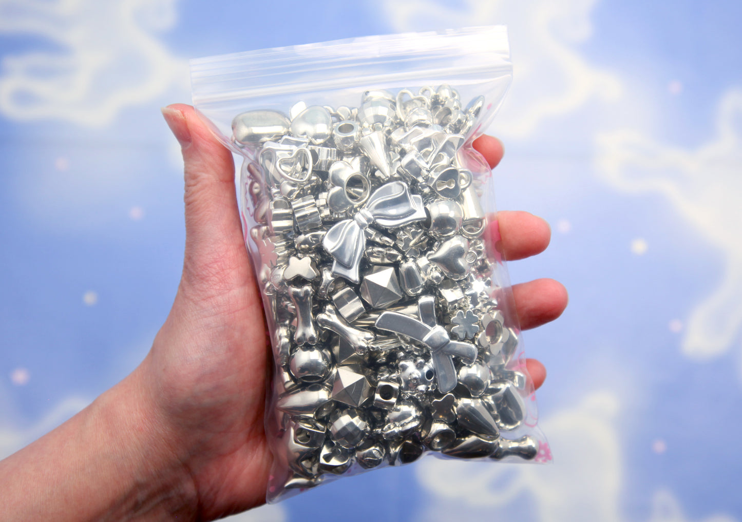 Metallic Silver Beads Grab Bag - Electroplated Plastic - Mixed Lot - great for kandi, ispy, sensory crafts, jewelry making - 200+ pcs
