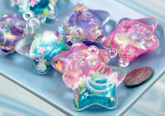 Liquid Filled Shaker Star Charms - 3 pieces - 40mm Glittery Shaker Star Charms Stim Star Pendants Plastic Charms - Water Bubble Fidget Charm