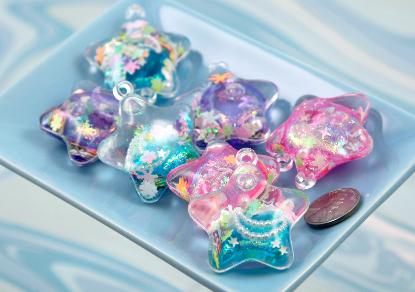 Liquid Filled Shaker Star Charms - 3 pieces - 40mm Glittery Shaker Star Charms Stim Star Pendants Plastic Charms - Water Bubble Fidget Charm