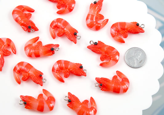 Small Shrimp Charms - 6 pieces - 20mm Tiny Bright Orange Shrimps Pendants Acrylic or Plastic Charms