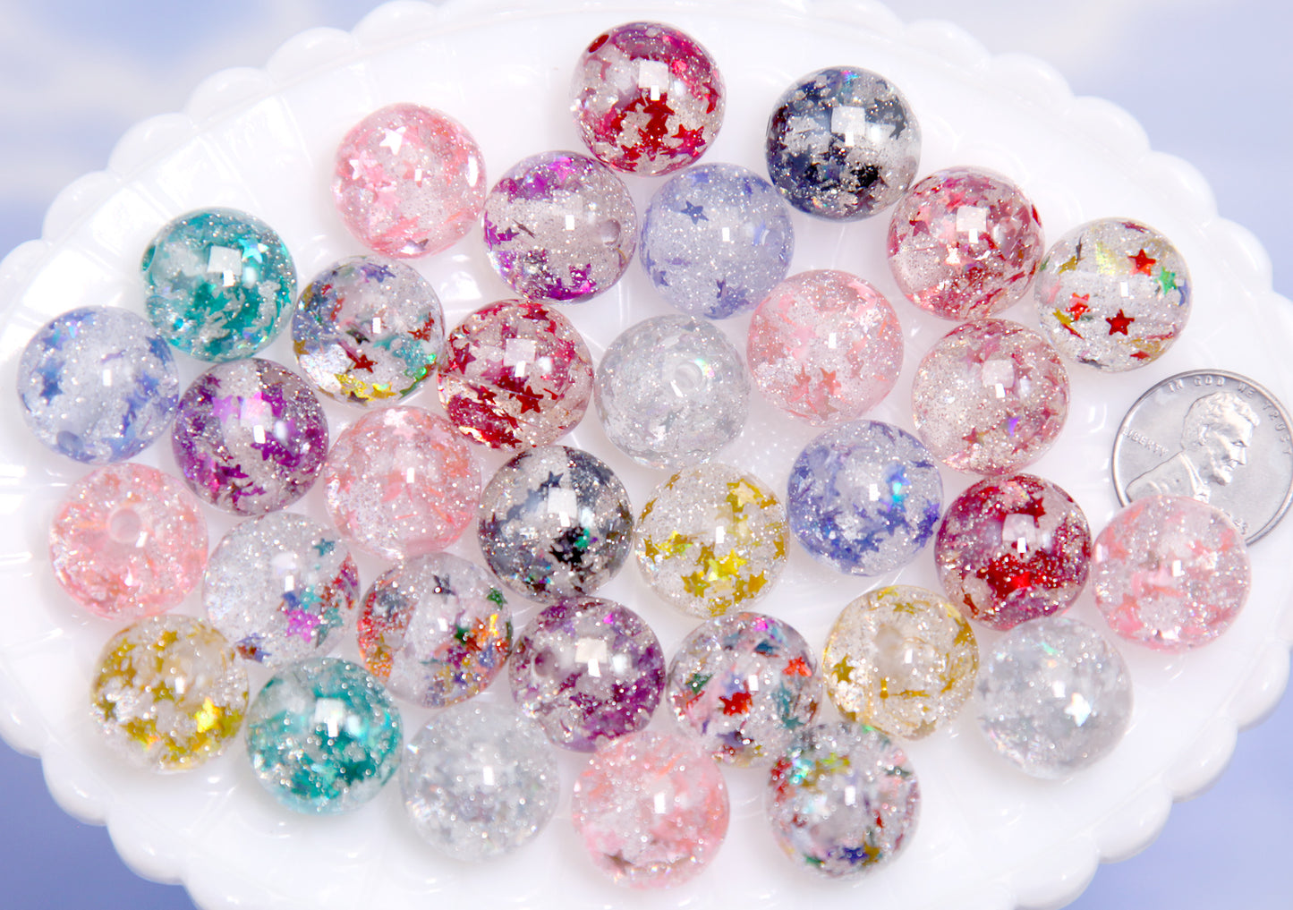Embedded Glitter Confetti Beads - 15mm Colorful Clear with Star Glitter Confetti Acrylic Beads - Beautiful Resin Beads (10 pieces)