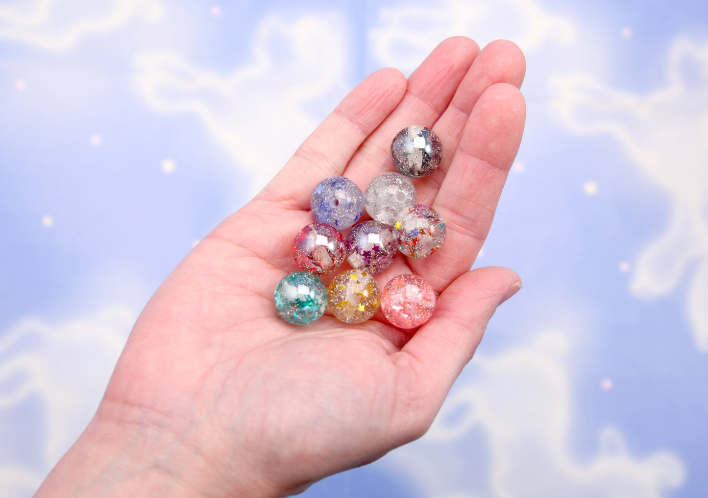Embedded Glitter Confetti Beads - 15mm Colorful Clear with Star Glitter Confetti Acrylic Beads - Beautiful Resin Beads (10 pieces)