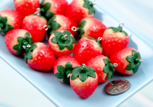 Strawberry Charms - 6 pieces - 28mm Big Red Strawberries Acrylic Fake Fruit Charm Plastic Pendants
