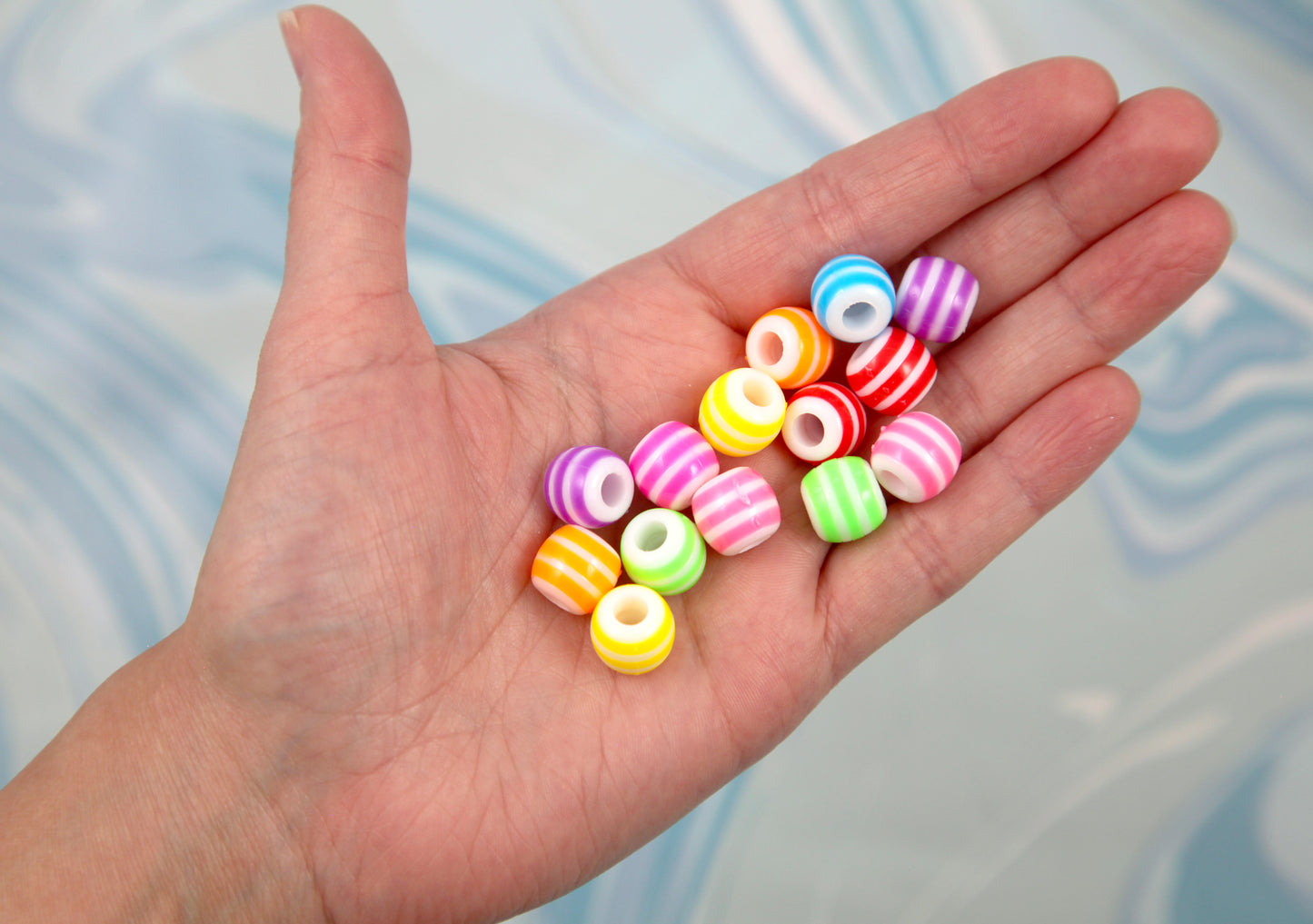 Large Hole Striped Beads - 75 pieces - 12mm Super Bright Color Striped Plastic Beads with Large Holes, mixed color, Acrylic Bead