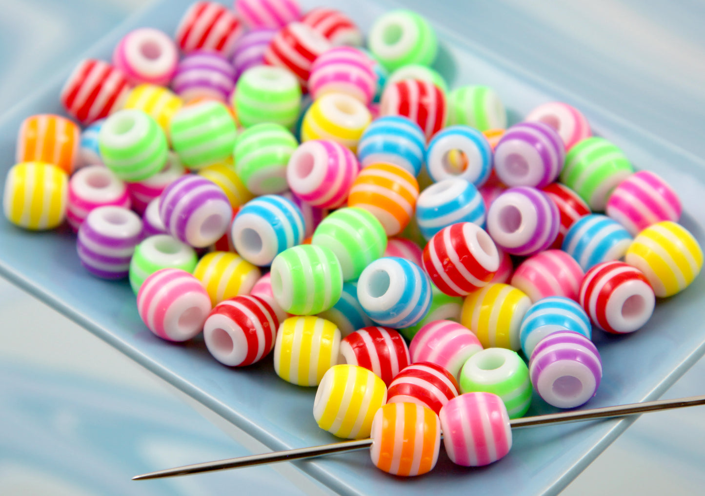 Large Hole Striped Beads - 75 pieces - 12mm Super Bright Color Striped Plastic Beads with Large Holes, mixed color, Acrylic Bead