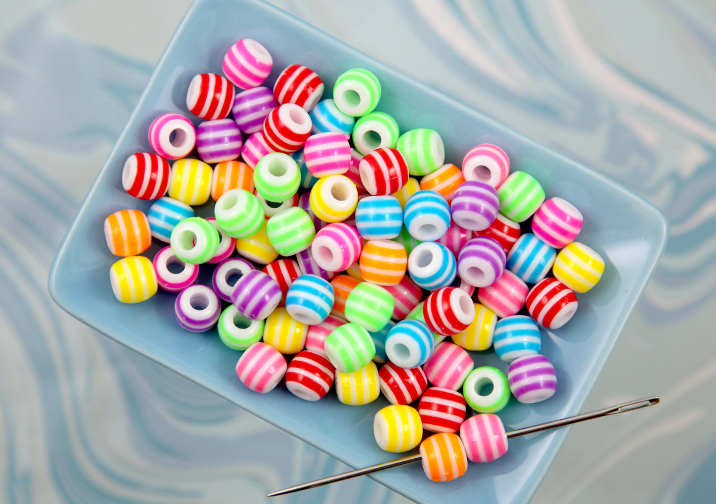 Large Hole Striped Beads - 75 pieces - 12mm Super Bright Color Striped Plastic Beads with Large Holes, mixed color, Acrylic Bead