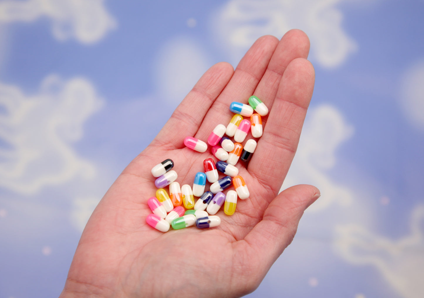 Through Hole Pill Beads - 12mm Colorful Capsule Beads Fake Pills Plastic or Resin Beads - Faux Medication - Medicine Beads (20 pieces)
