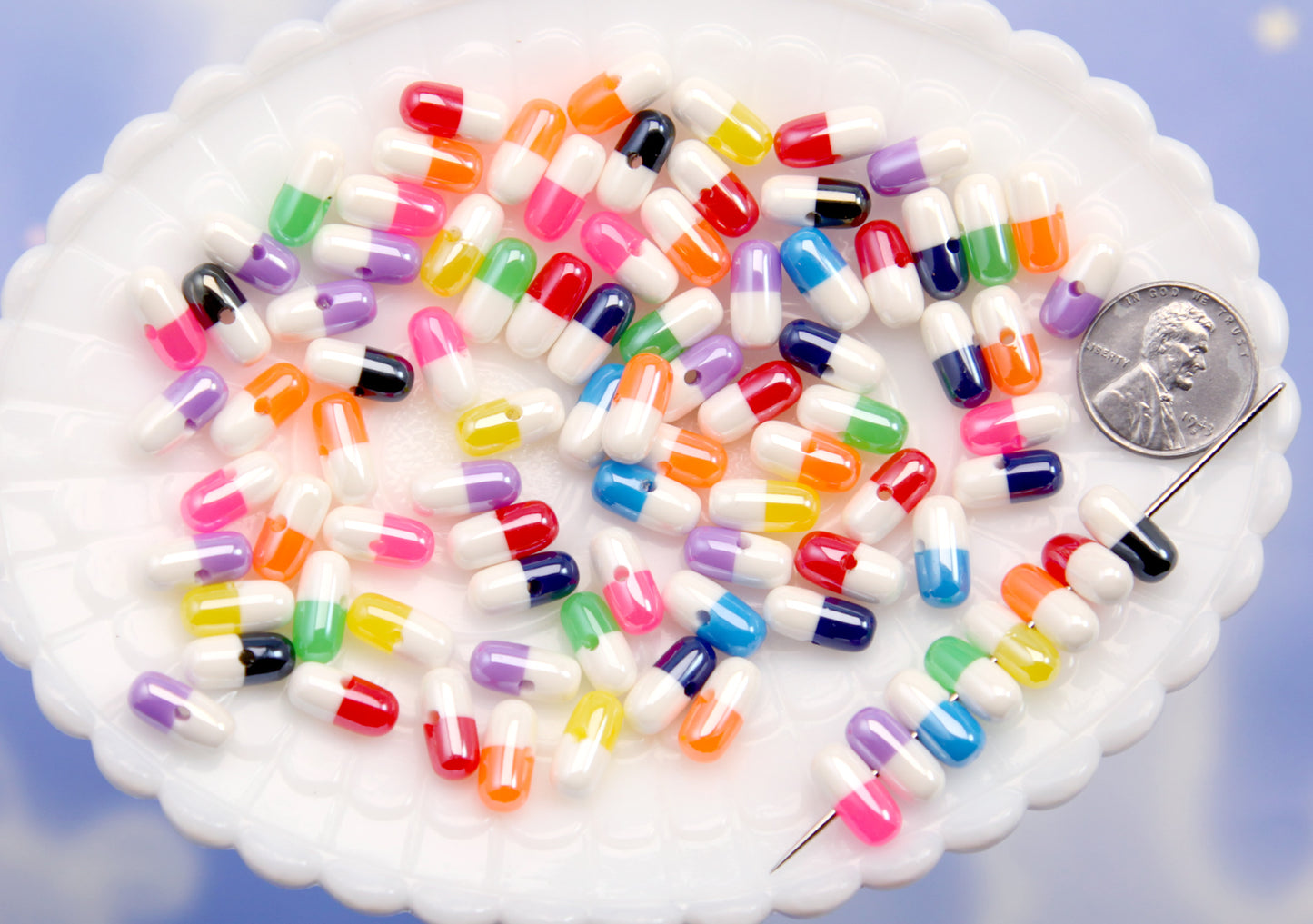 Through Hole Pill Beads - 12mm Colorful Capsule Beads Fake Pills Plastic or Resin Beads - Faux Medication - Medicine Beads (20 pieces)
