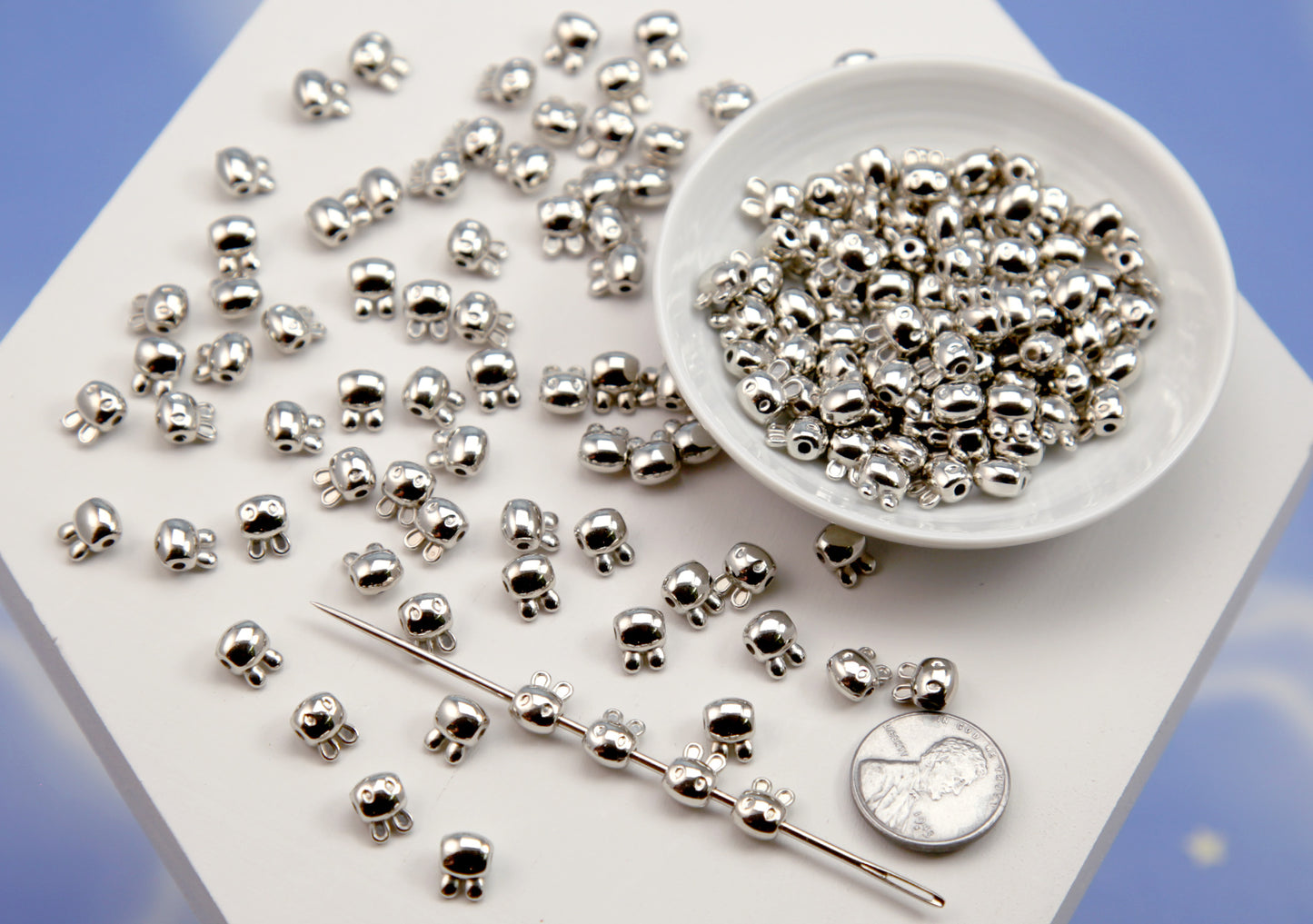 Little Bunny Spacer Beads (150 pcs) 8mm TINY Mini Rabbit Head Bead - Electroplated Silver Plastic Beads