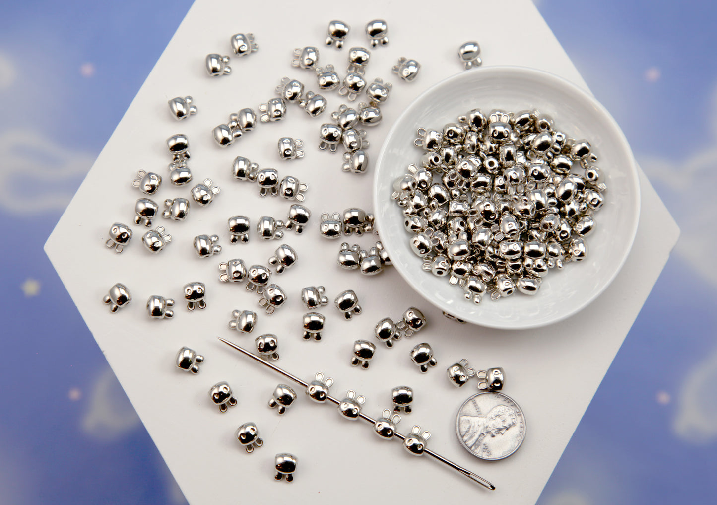 Little Bunny Spacer Beads (150 pcs) 8mm TINY Mini Rabbit Head Bead - Electroplated Silver Plastic Beads