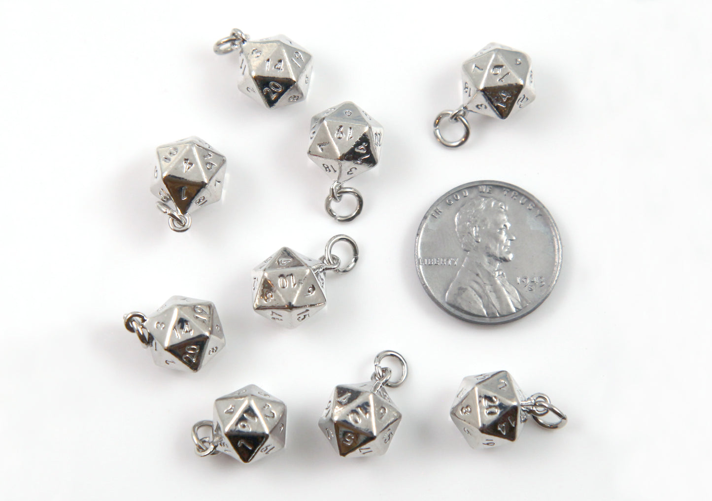Tiny D20 Charms - 2 pieces - 20mm Polyhedral Dice Pendants - DND Charm - Silver Plated Brass - Super High Quality