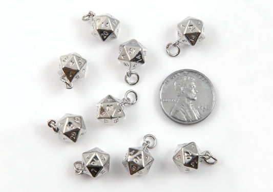 Tiny D20 Charms - 2 pieces - 20mm Polyhedral Dice Pendants - DND Charm - Silver Plated Brass - Super High Quality