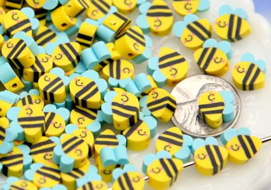 Tiny Bees - 80 pcs - 9mm Cute Little Fimo Bumblebee Beads - Small Bees Polymer Clay Beads