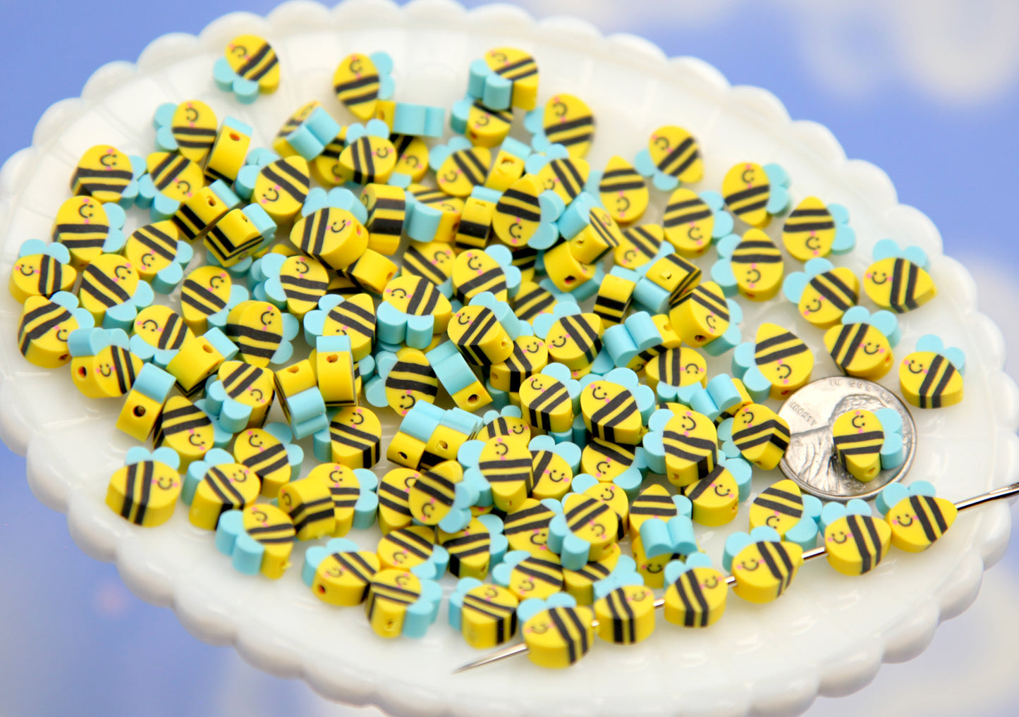 Tiny Bees - 80 pcs - 9mm Cute Little Fimo Bumblebee Beads - Small Bees Polymer Clay Beads