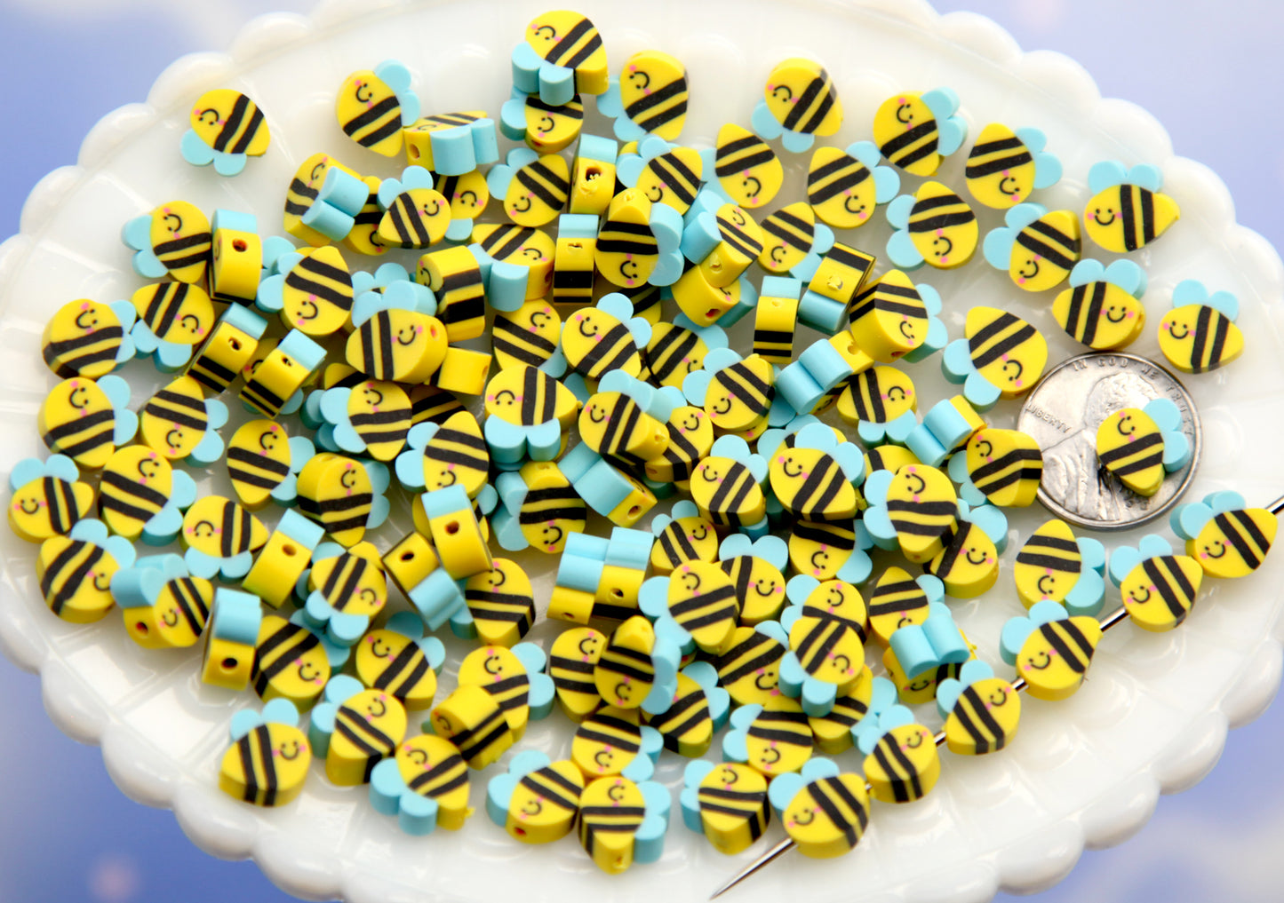 Tiny Bees - 80 pcs - 9mm Cute Little Fimo Bumblebee Beads - Small Bees Polymer Clay Beads