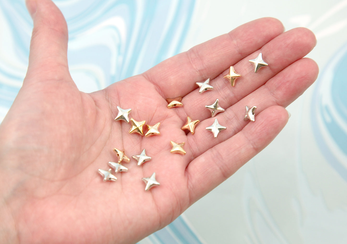 Tiny Star Beads - Four Pointed Star Bead - Lightweight Electroplated Plastic - Silver and Gold Color (100 pieces)