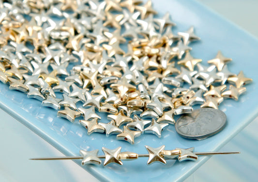 Tiny Star Beads - Four Pointed Star Bead - Lightweight Electroplated Plastic - Silver and Gold Color (100 pieces)