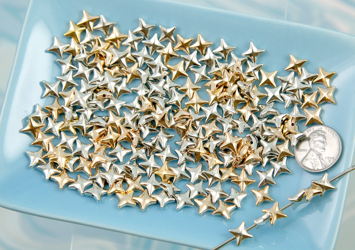 Tiny Star Beads - Four Pointed Star Bead - Lightweight Electroplated Plastic - Silver and Gold Color (100 pieces)