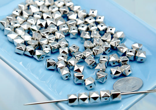 Tiny Spike Cube Beads - 6mm Mini Spiky Studded Cube Bead - Electroplated Silver Plastic - Drilled with Holes to Easily make Jewelry - 80 pieces