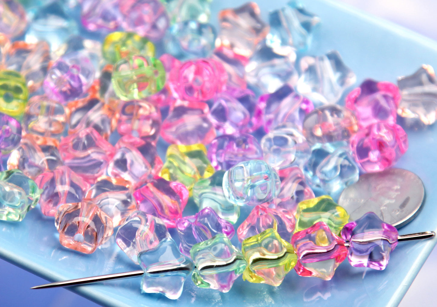 Cute Star Beads - 12mm Little Pastel Transparent Rounded Star Acrylic Beads - Colorful Rounded Tiny Plastic or Acrylic Stars Beads (100 pcs)