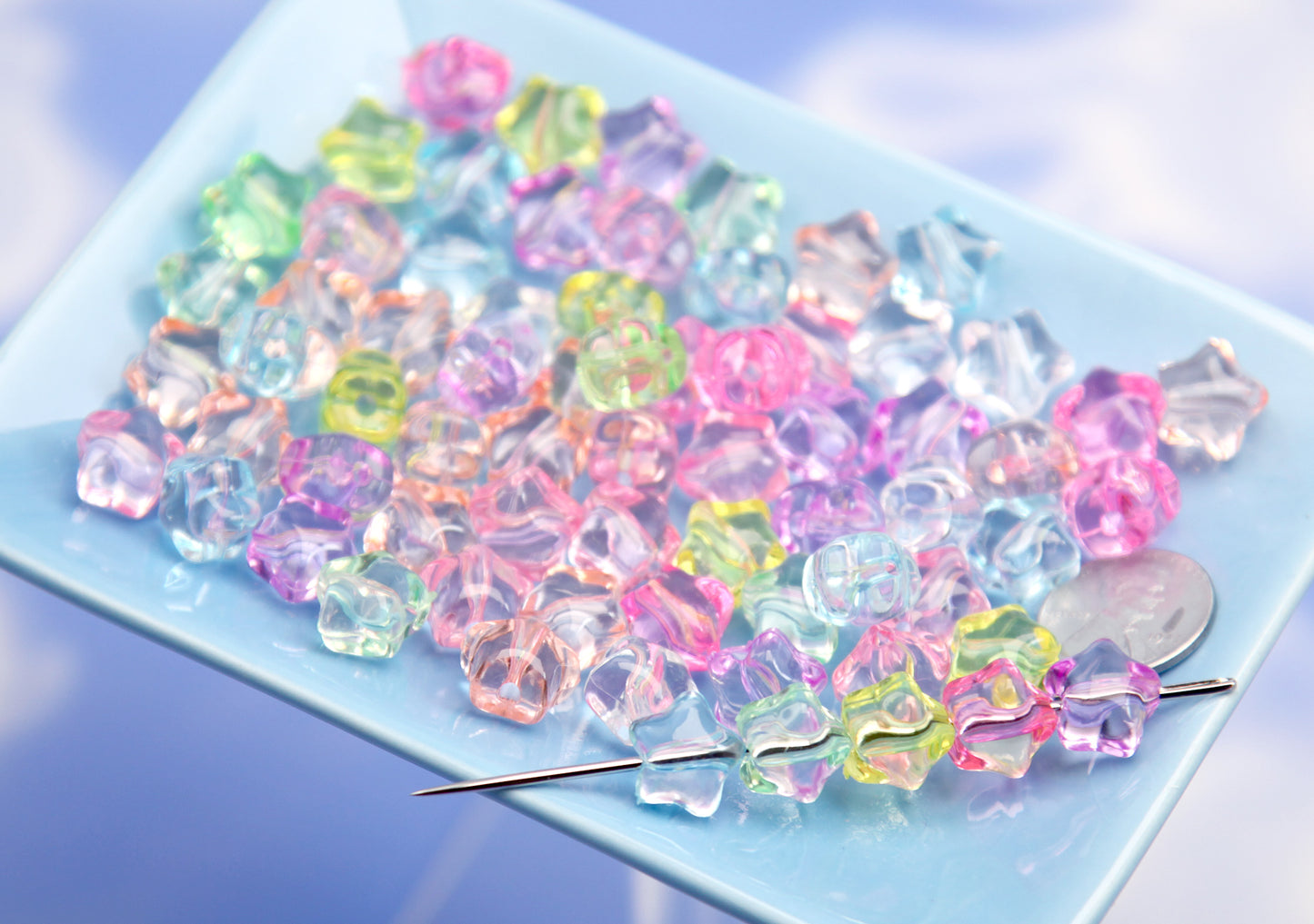 Cute Star Beads - 12mm Little Pastel Transparent Rounded Star Acrylic Beads - Colorful Rounded Tiny Plastic or Acrylic Stars Beads (100 pcs)
