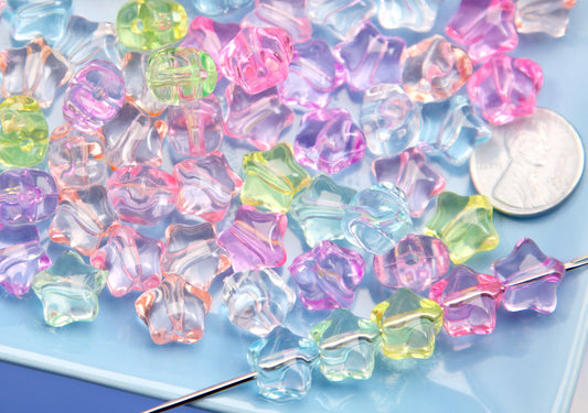 Cute Star Beads - 12mm Little Pastel Transparent Rounded Star Acrylic Beads - Colorful Rounded Tiny Plastic or Acrylic Stars Beads (100 pcs)