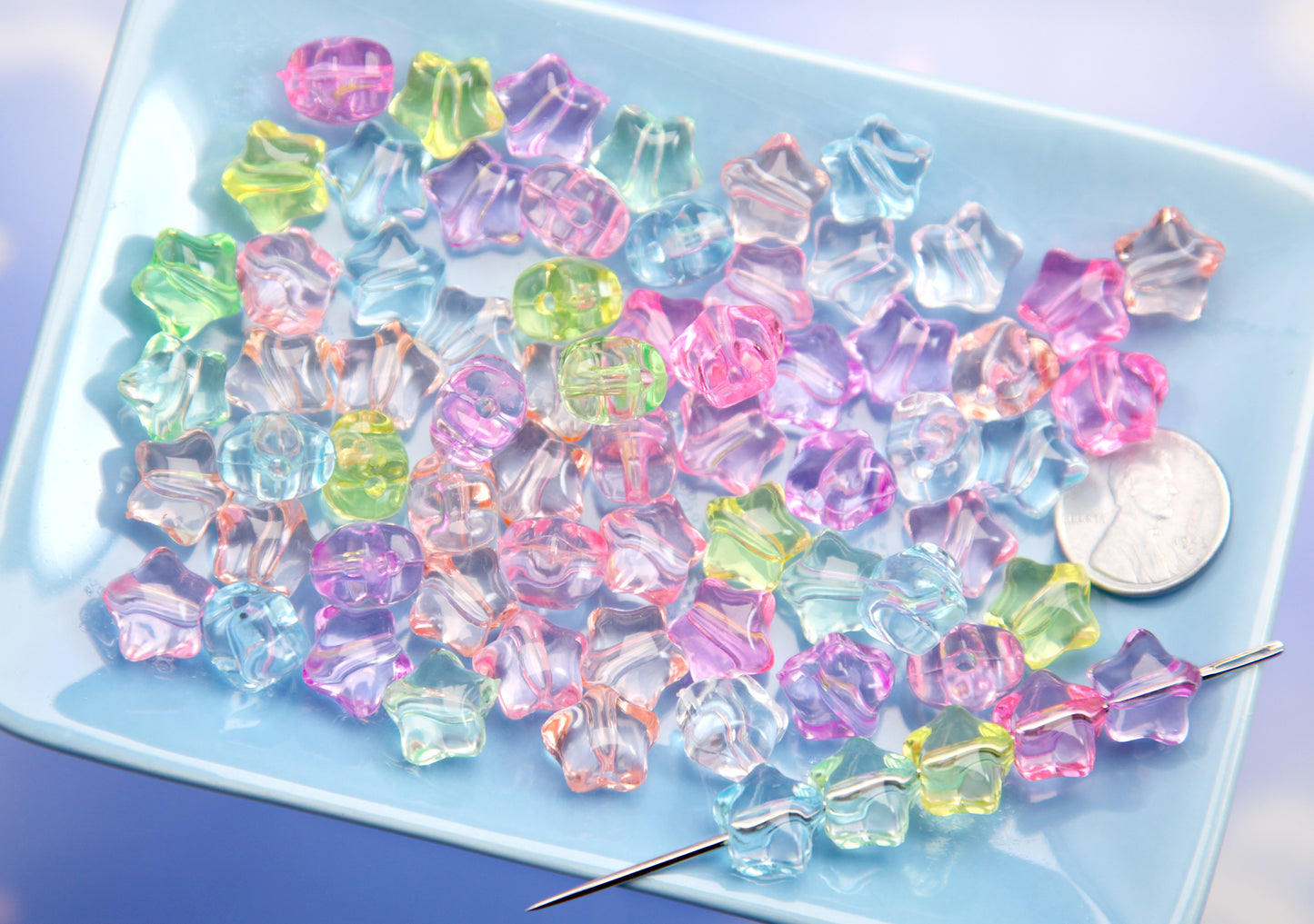 Cute Star Beads - 12mm Little Pastel Transparent Rounded Star Acrylic Beads - Colorful Rounded Tiny Plastic or Acrylic Stars Beads (100 pcs)
