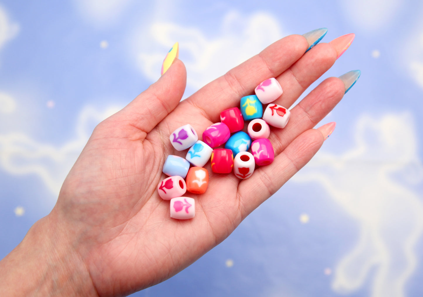 Cute Tulip Beads - 60 pieces - 12mm Adorable Inlaid Flowers Large Hole Plastic Beads or Acrylic Beads